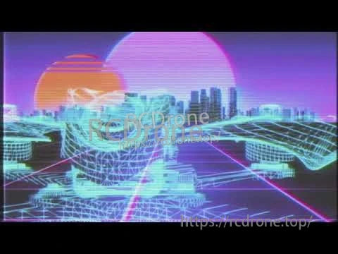 Stylized neon city FPV screen graphic with scanline effect, used as a visual background/FPV display image