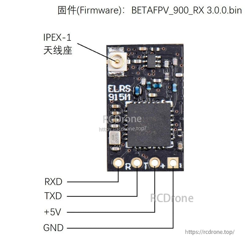 ELRS 915H receiver pinout diagram showing IPEX-1 antenna socket and pads for RXD, TXD, +5V, GND