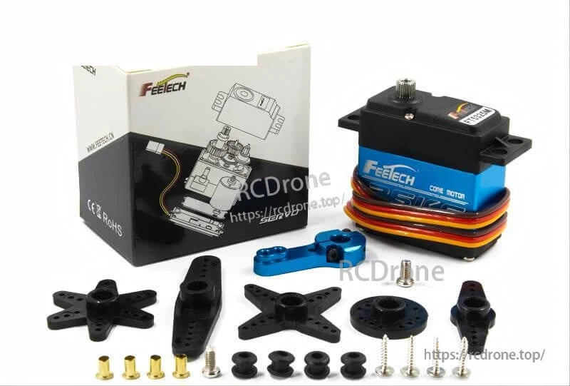 package contents: servo, box, servo arms, screws, bushings, and hardware