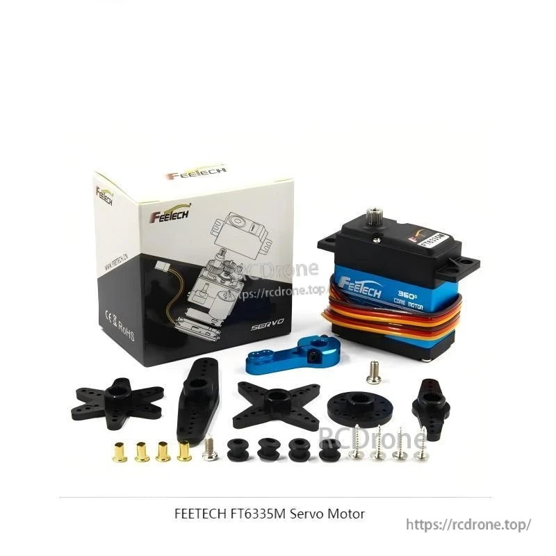 FEETECH FT6335M servo kit layout with box, servo, multiple horns, screws, grommets and brass inserts