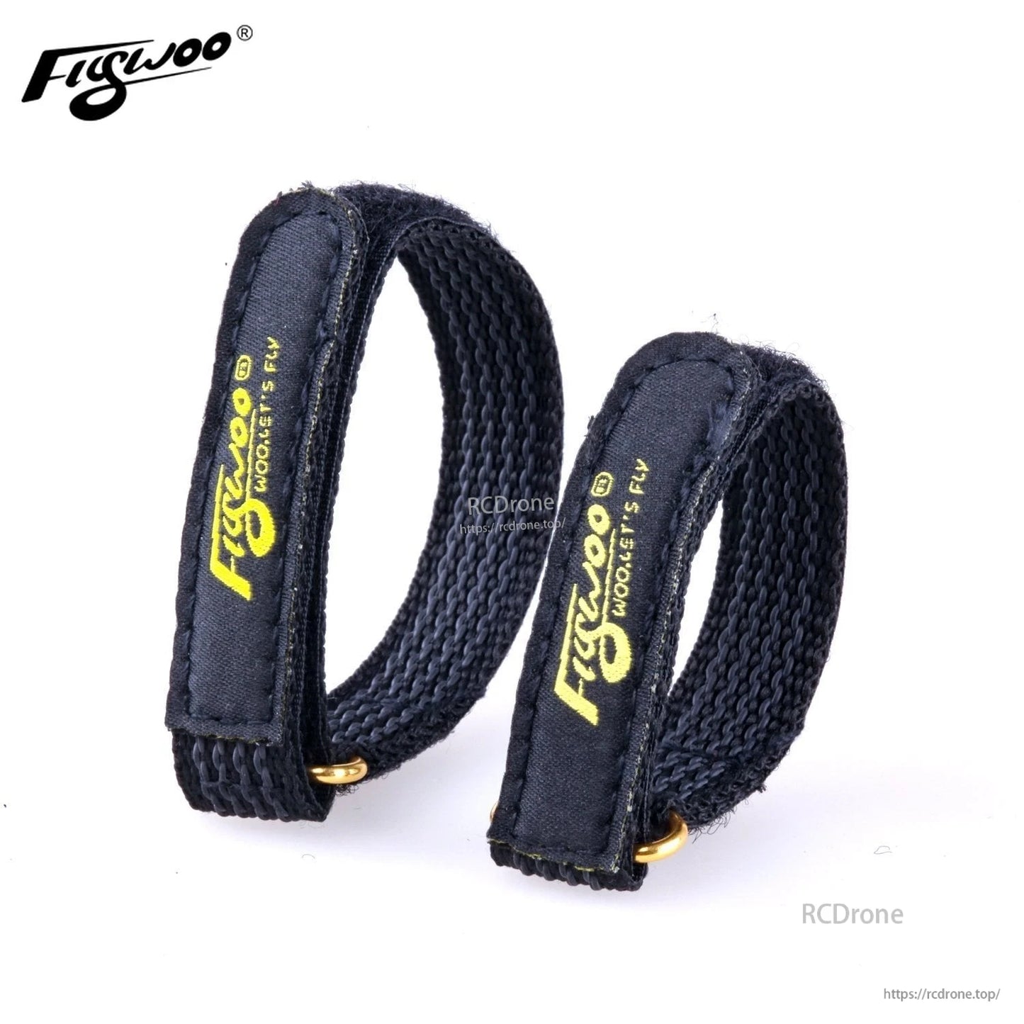 Two black FLYWOO Kevlar battery straps with yellow logo and metal buckle hardware