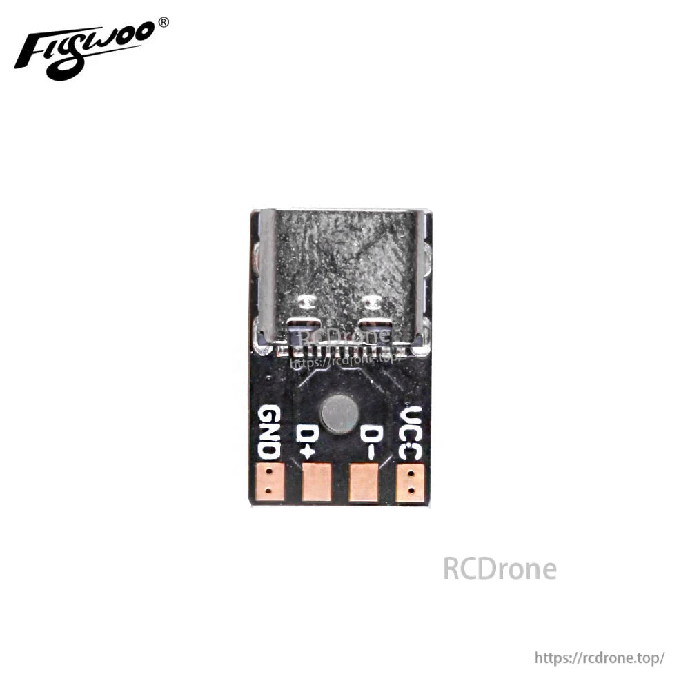 FLYWOO micro to USB-C adapter PCB with USB Type-C female port and solder pads labeled GND, D+, D-, VCC