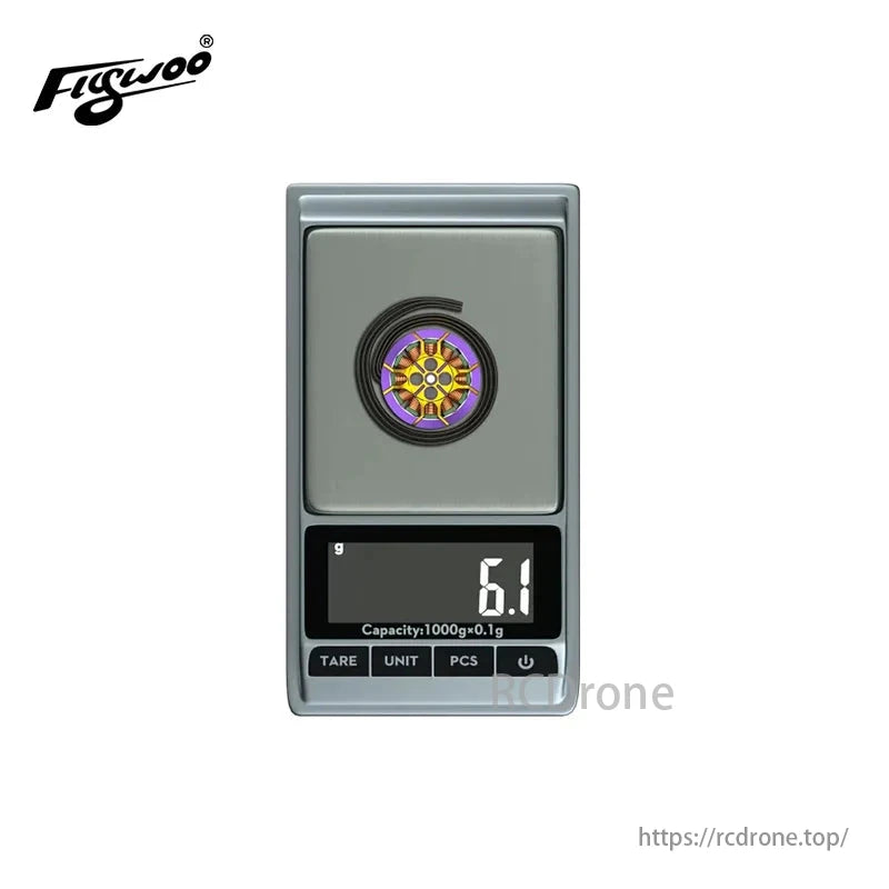 FLYWOO ROBO 1303 6000KV Brushless Motor, FLYWOO ROBO 1303 motor on digital scale displaying 6.1g.