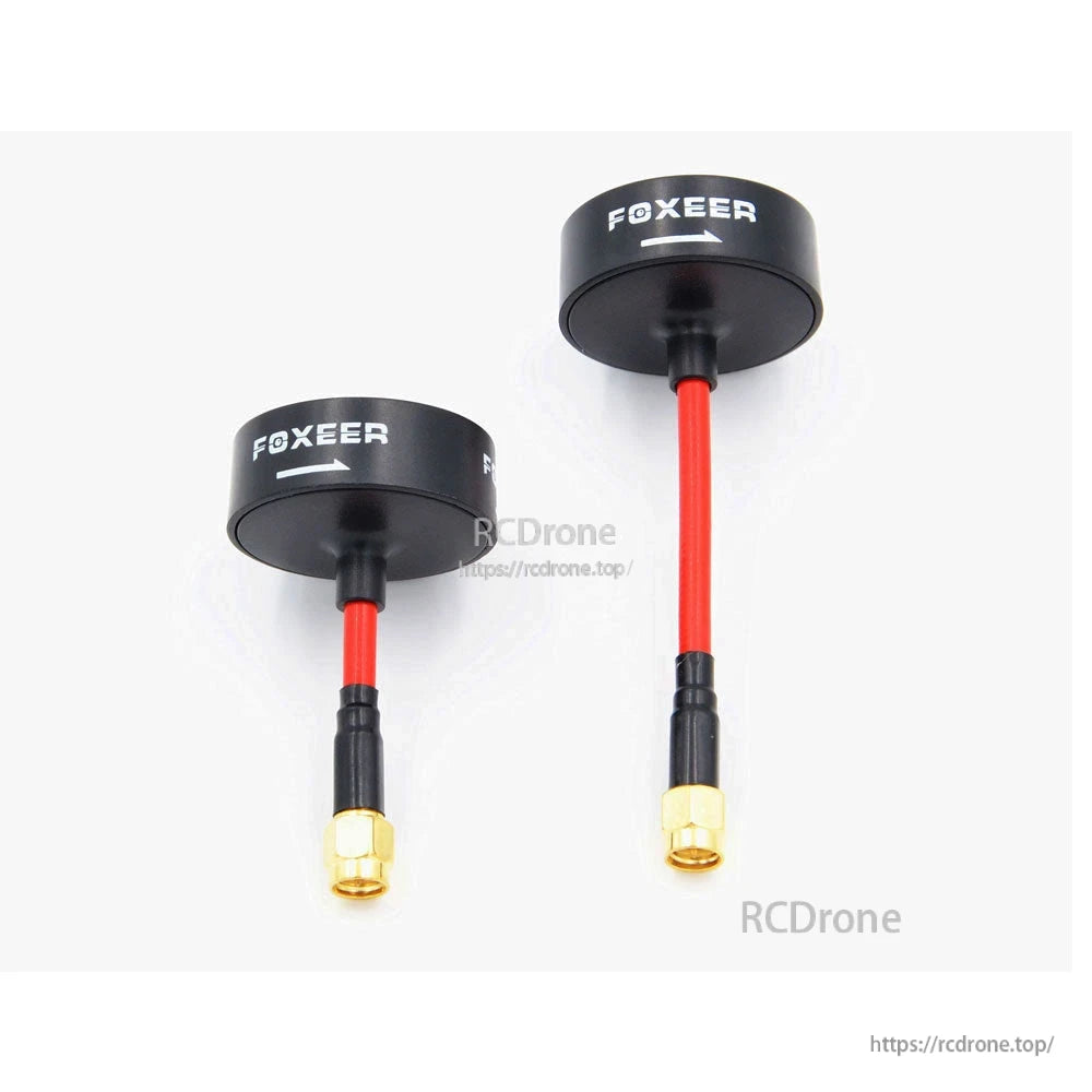 FOXEER 5.8G Circular Polarized Omni FPV Antenna, Two FOXEER 5.8GHz circular polarized omni FPV antennas with black puck heads, red stems, and gold SMA connectors