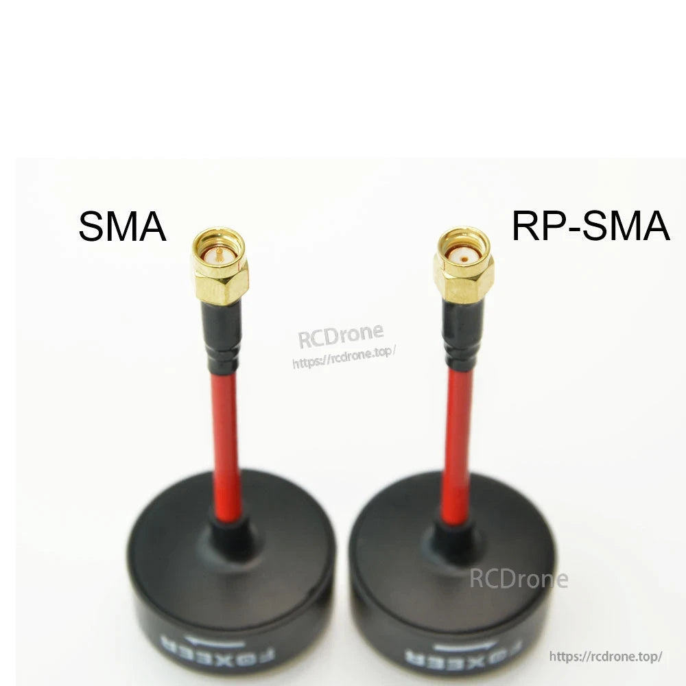 FOXEER 5.8GHz circular polarized omni FPV antenna with red coax lead, available in SMA and RP-SMA connectors