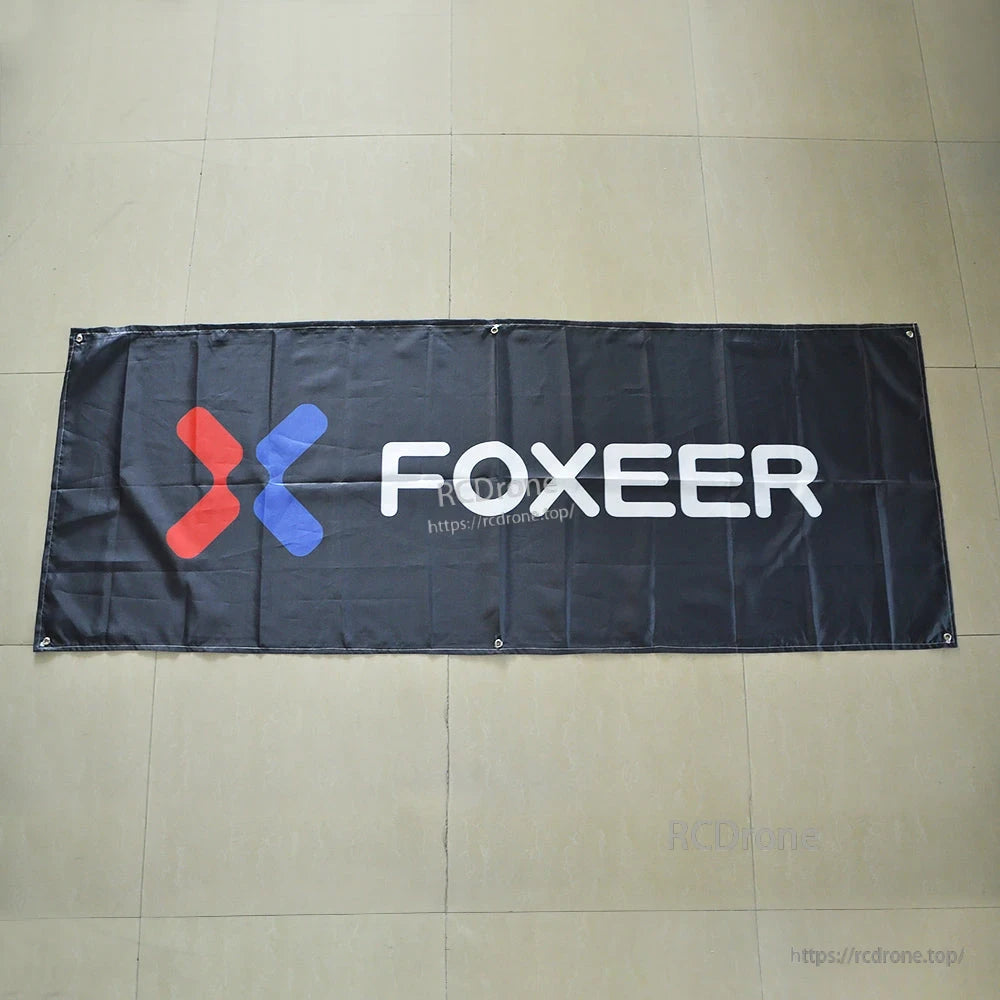 FOXEER 75 x 200 cm black polyester banner with large logo and brass grommets for hanging
