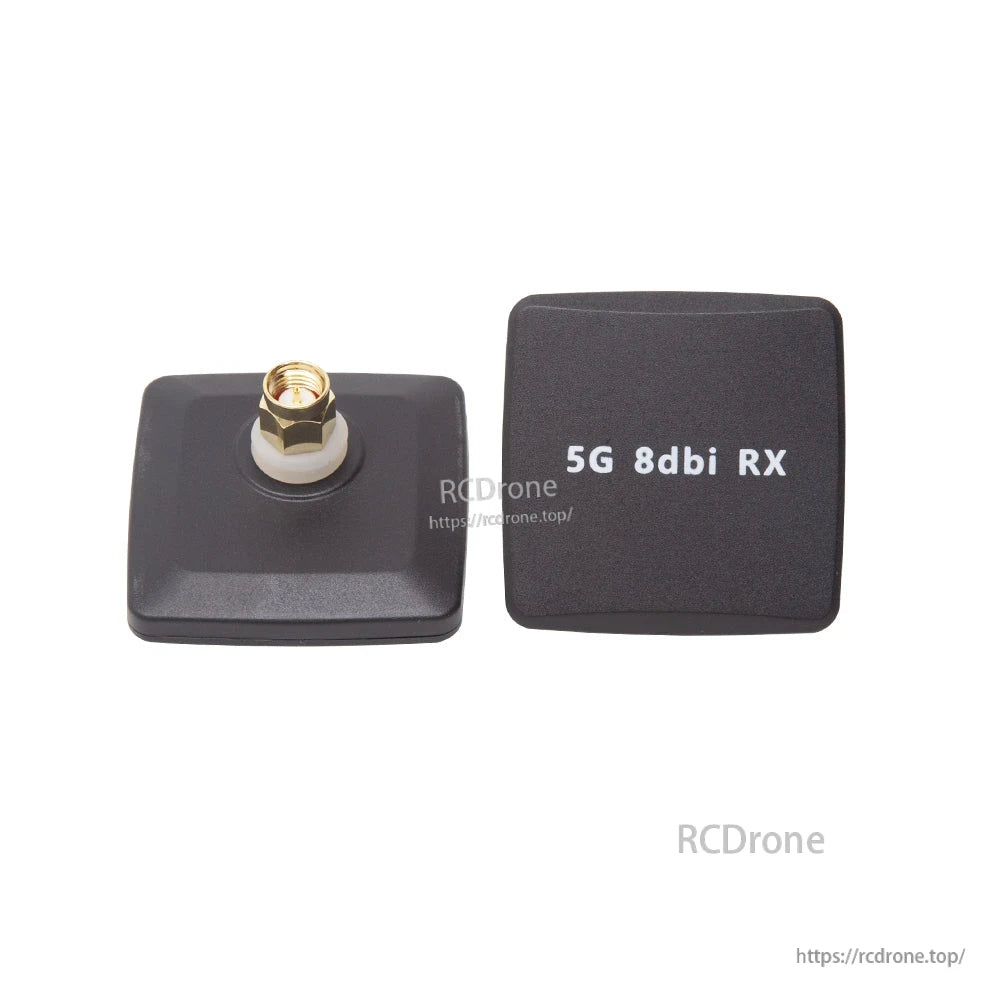 FPV 8dBi audio/video receiver patch antenna set, one showing SMA connector and one labeled “5G 8dbi RX”