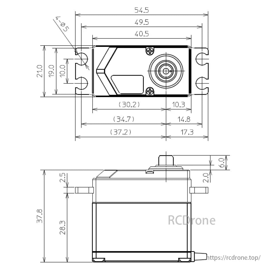 Futaba servo dimensions: 54.5x21.0mm, height 37.8mm.