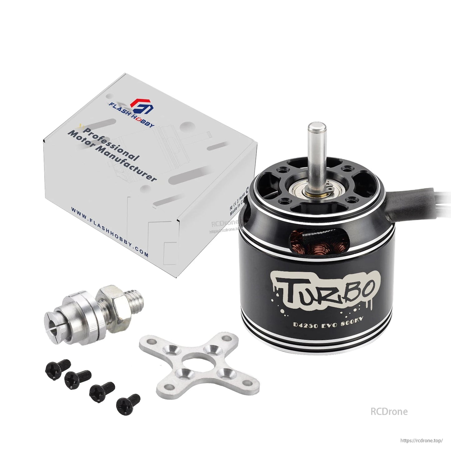 Flahhobby D4250 EVO Fixed Wing Motor, Flahhobby Turbo D4250 EVO 900KV fixed-wing brushless motor with X-mount, prop adapter, screws and box