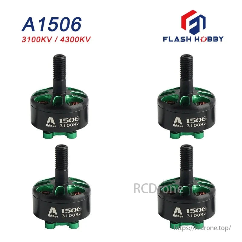 FlashHobby Arthur A1506 brushless motor, 3100KV/4300KV, for 3-4 inch FPV racing drones, with green and black components.