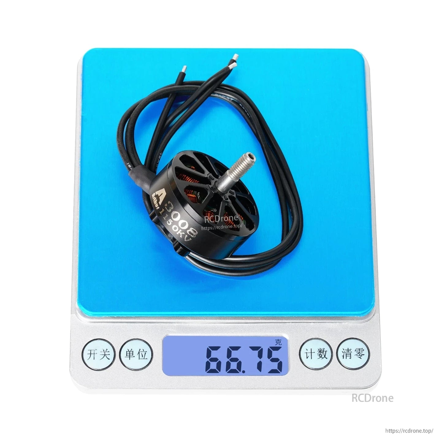 Flashhobby Arthur A3008 1150KV brushless motor with long leads on a digital scale reading 66.75 g