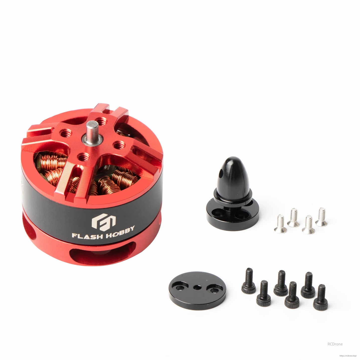 Flash Hobby BE1806 brushless motor for RC FPV racing drone, includes screws and components.
