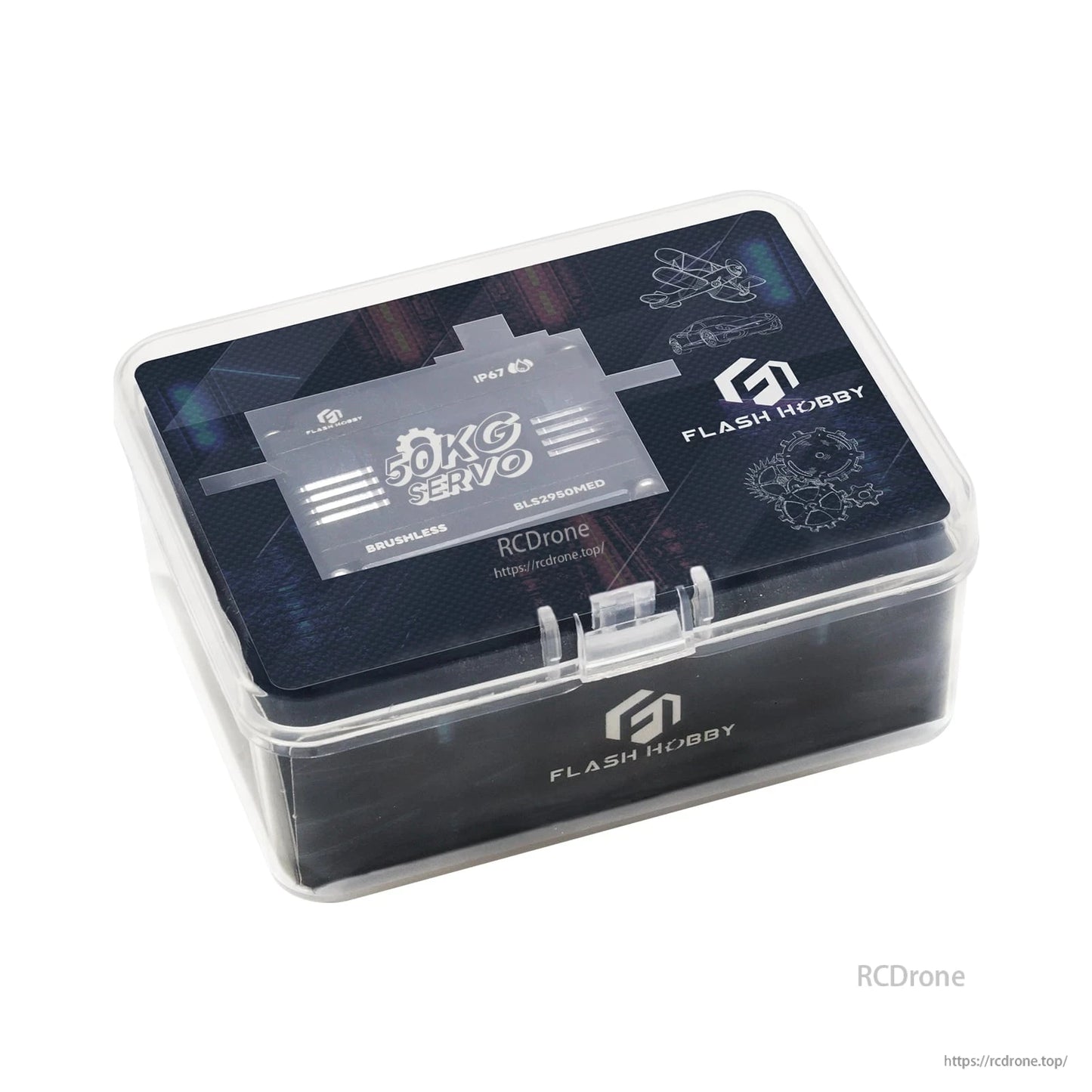 Flashhobby BLS2950MED 50KG brushless servo in a clear plastic case, labeled IP67 and "50KG SERVO"