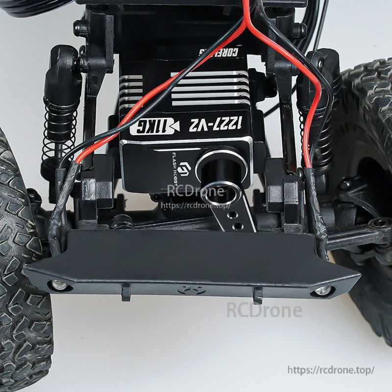 Flashhobby 1227-V2 coreless digital servo installed in an RC crawler front end with metal steering horn and wiring