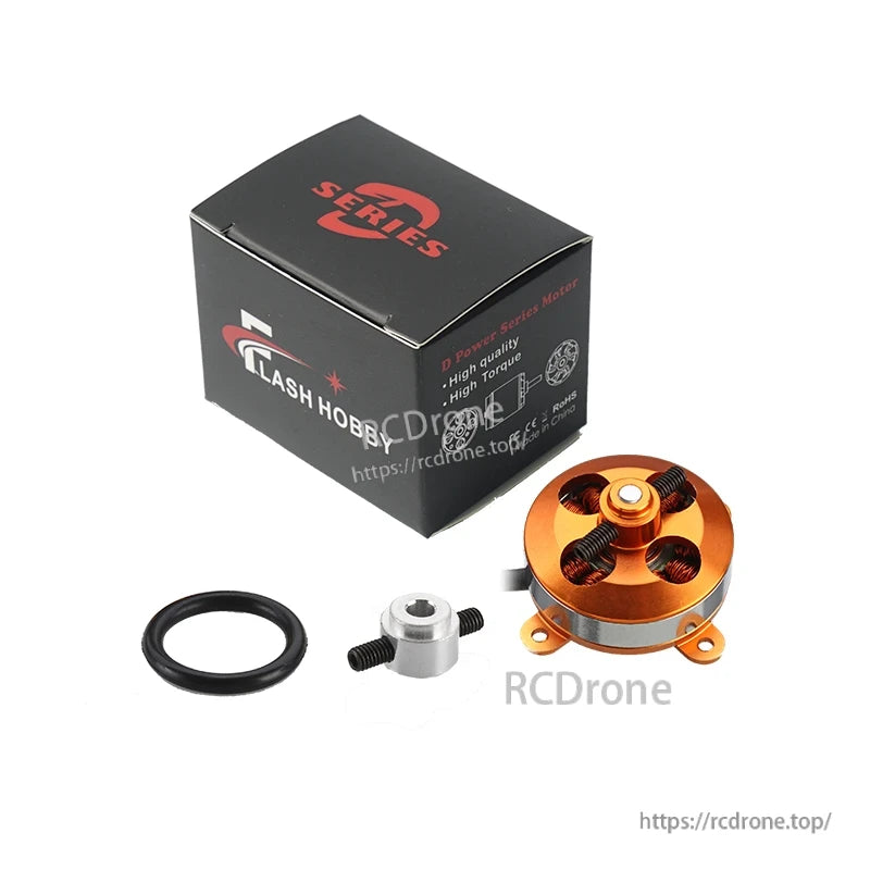 Flashhobby D2812-14 1600KV Fixed Wing Motor, Flashhobby D2812-14 1600KV fixed wing brushless motor with mounting base, adapter, screws, O-ring, and box