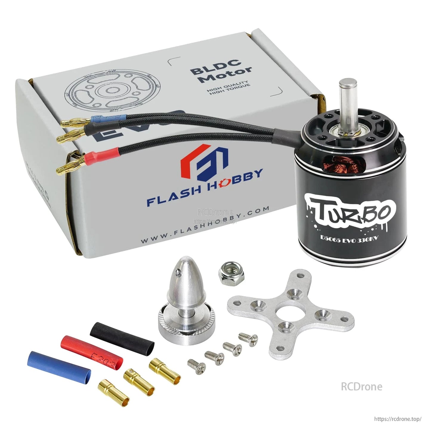 Flashhobby D5065 EVO 270KV Fixed Wing Motor, Flashhobby D5065 EVO Turbo BLDC motor with bullet leads, cross mount, prop adapter, screws, and box