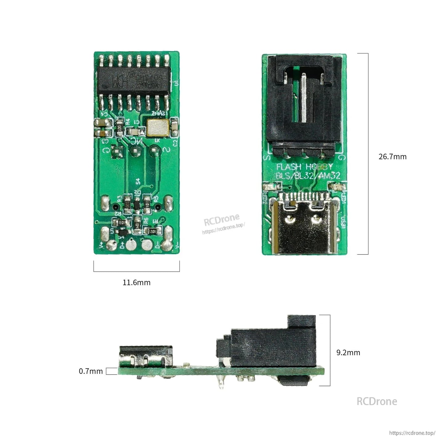 Flashhobby ESC USB linker programmer board with USB-C port and 3-pin socket, 26.7 x 11.6 mm