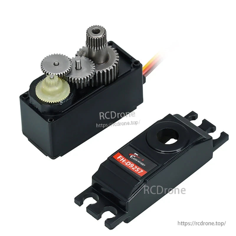Flashhobby FH-D9257MG Tail Servo, Flashhobby FH-D9257 tail servo with black case and exposed metal gear train, label visible on the cover