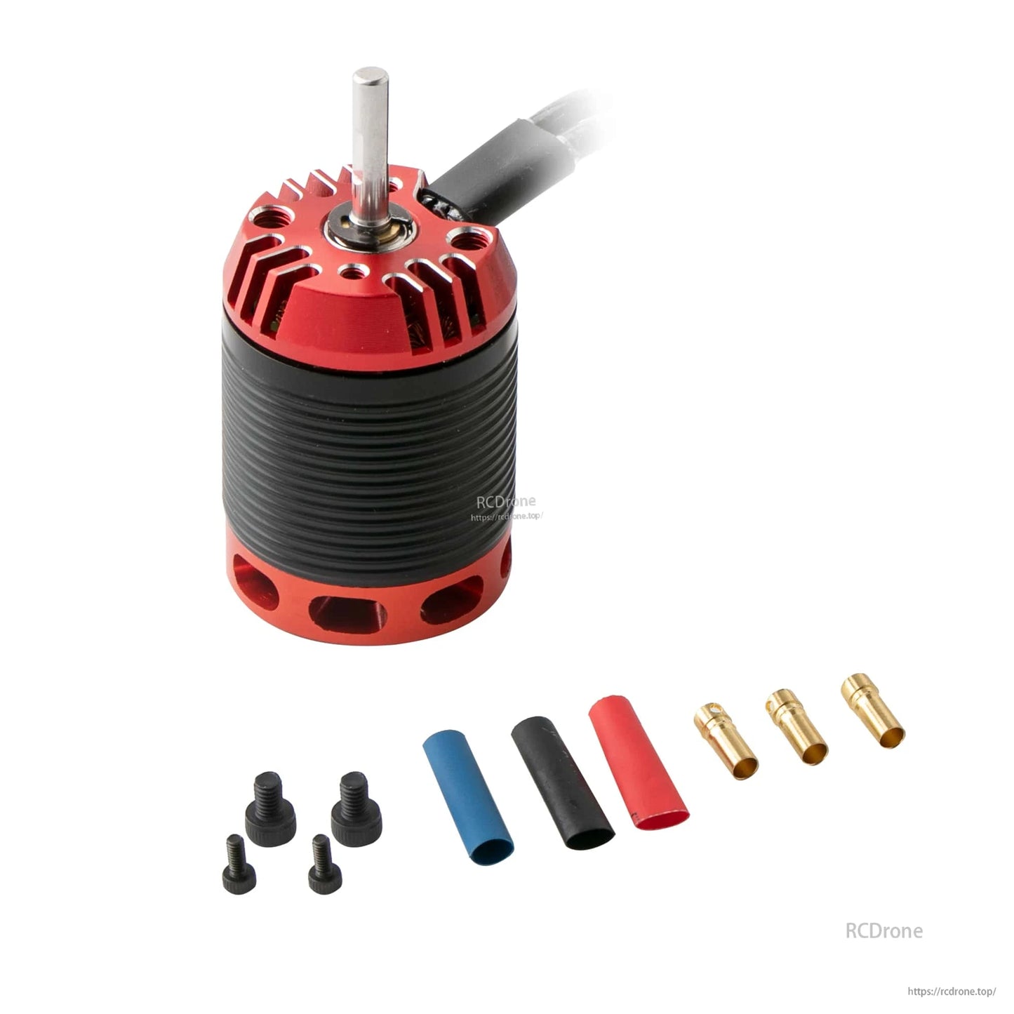 Flashhobby H450 Helicopter Motor, Flashhobby H450 helicopter brushless motor with red end cap, shaft, leads, mounting screws, and bullet connectors