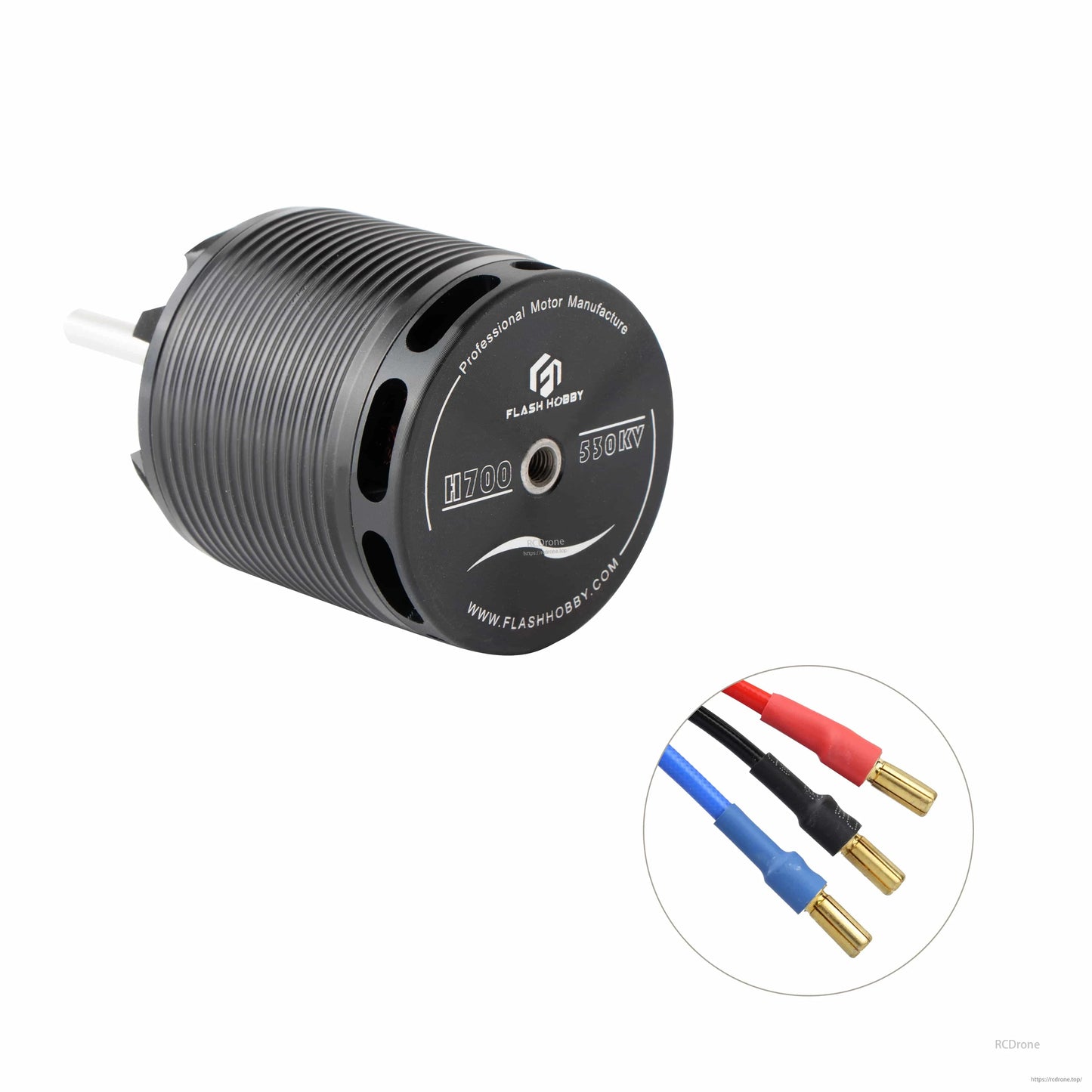 Flashhobby H700 530KV Helicopter Motor, Flashhobby H700 530KV brushless helicopter motor with ribbed black can, 6mm shaft, and bullet connector leads
