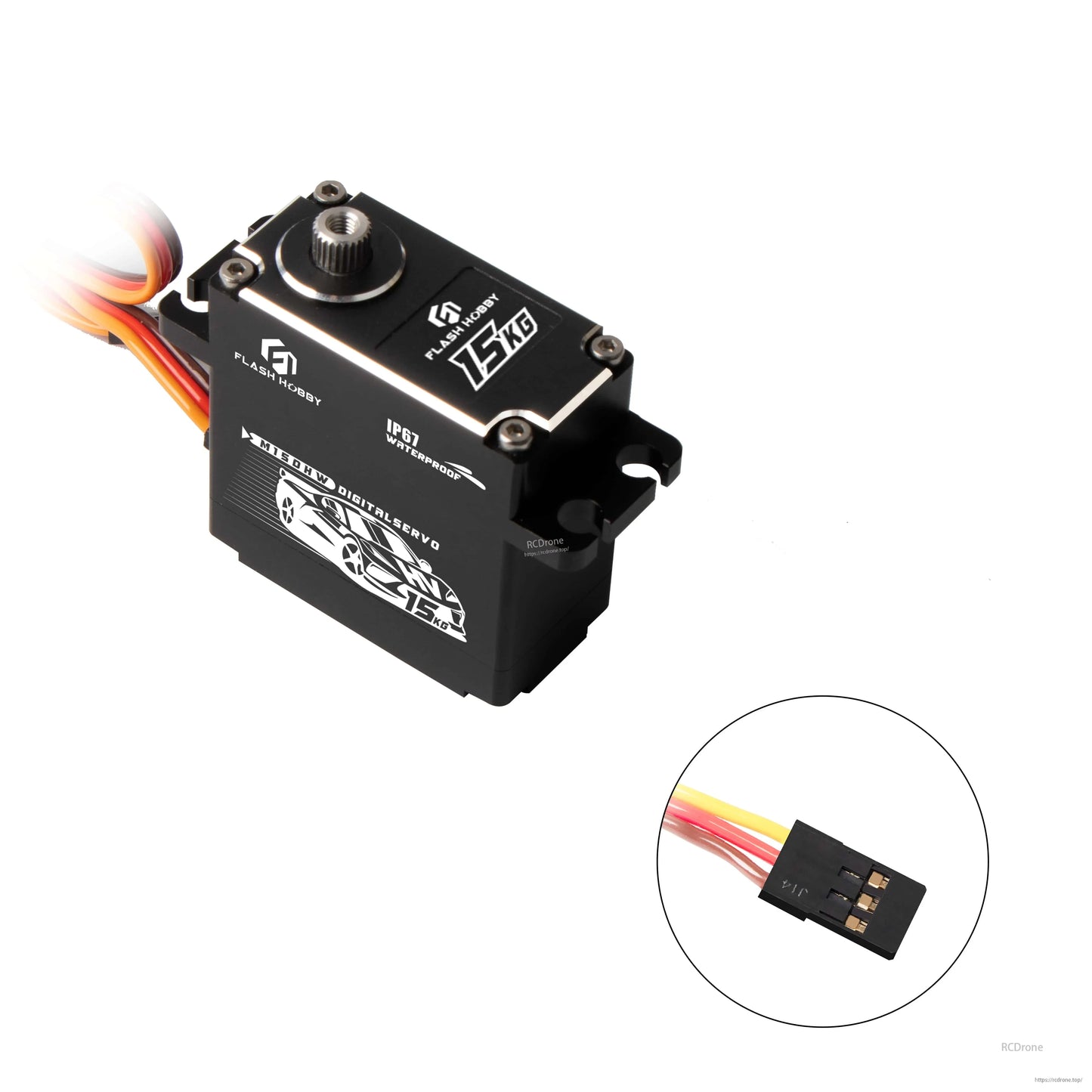 Flashhobby M15DHW Core Digital Servo, Flashhobby M15DHW digital servo with black metal case, 15kg marking, IP67 waterproof label, and 3-wire lead