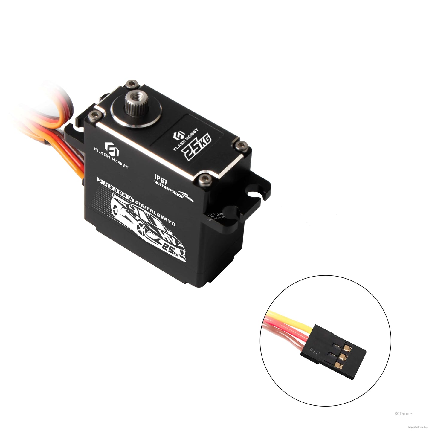 Flashhobby M25DHW digital servo with black metal case, 25KG label, and 3-pin connector lead