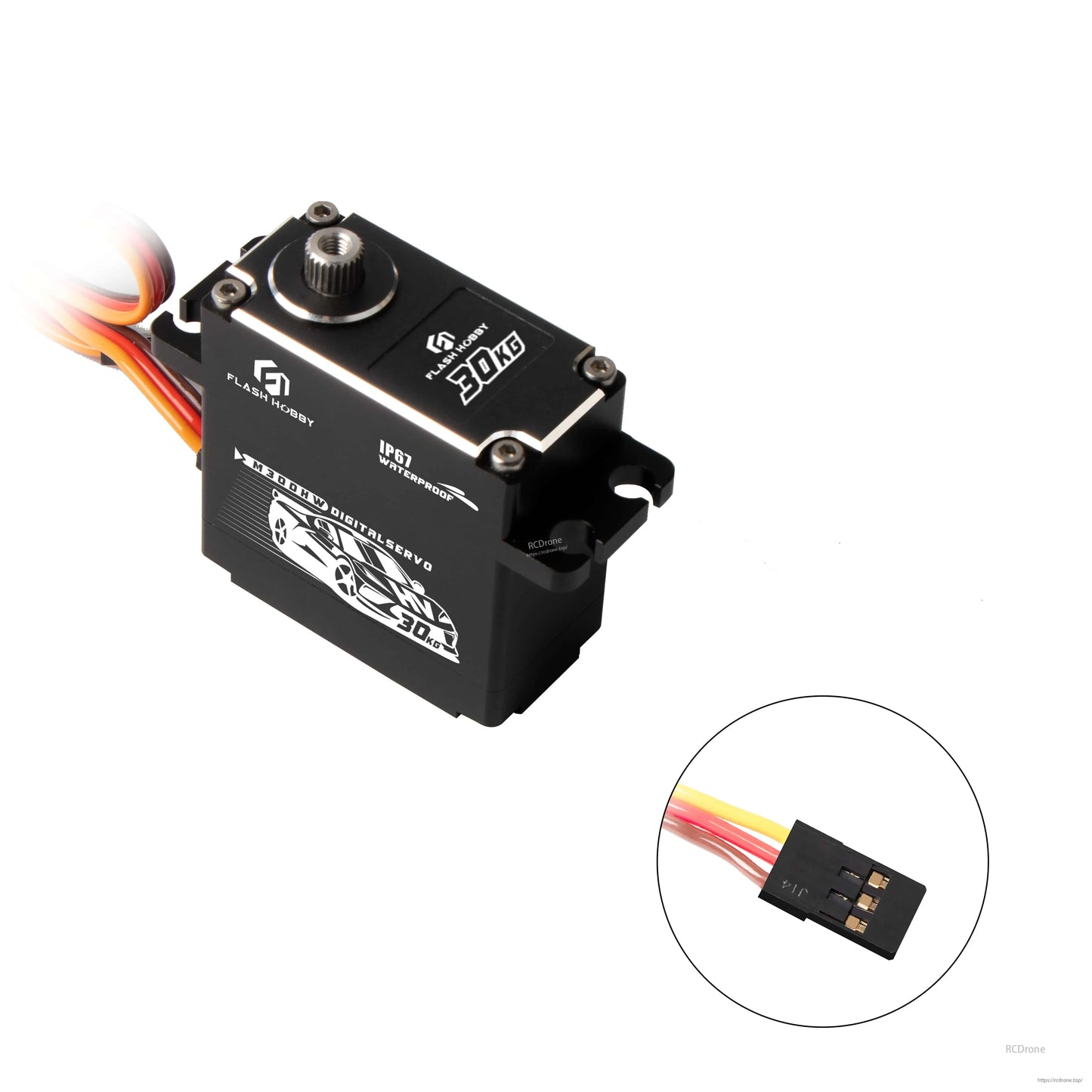 Flashhobby M30DHW Servo, Flashhobby M30DHW digital servo with 30KG marking, IP67 waterproof label, and 3-wire connector lead