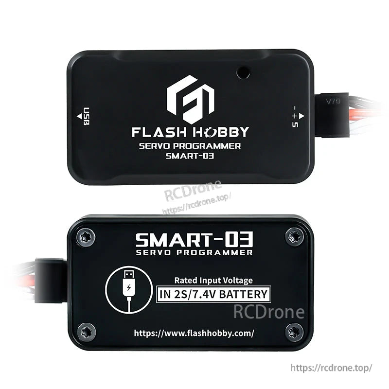 Flashhobby Smart-03 servo programmer module with USB port, servo lead connector, and 2S 7.4V input label