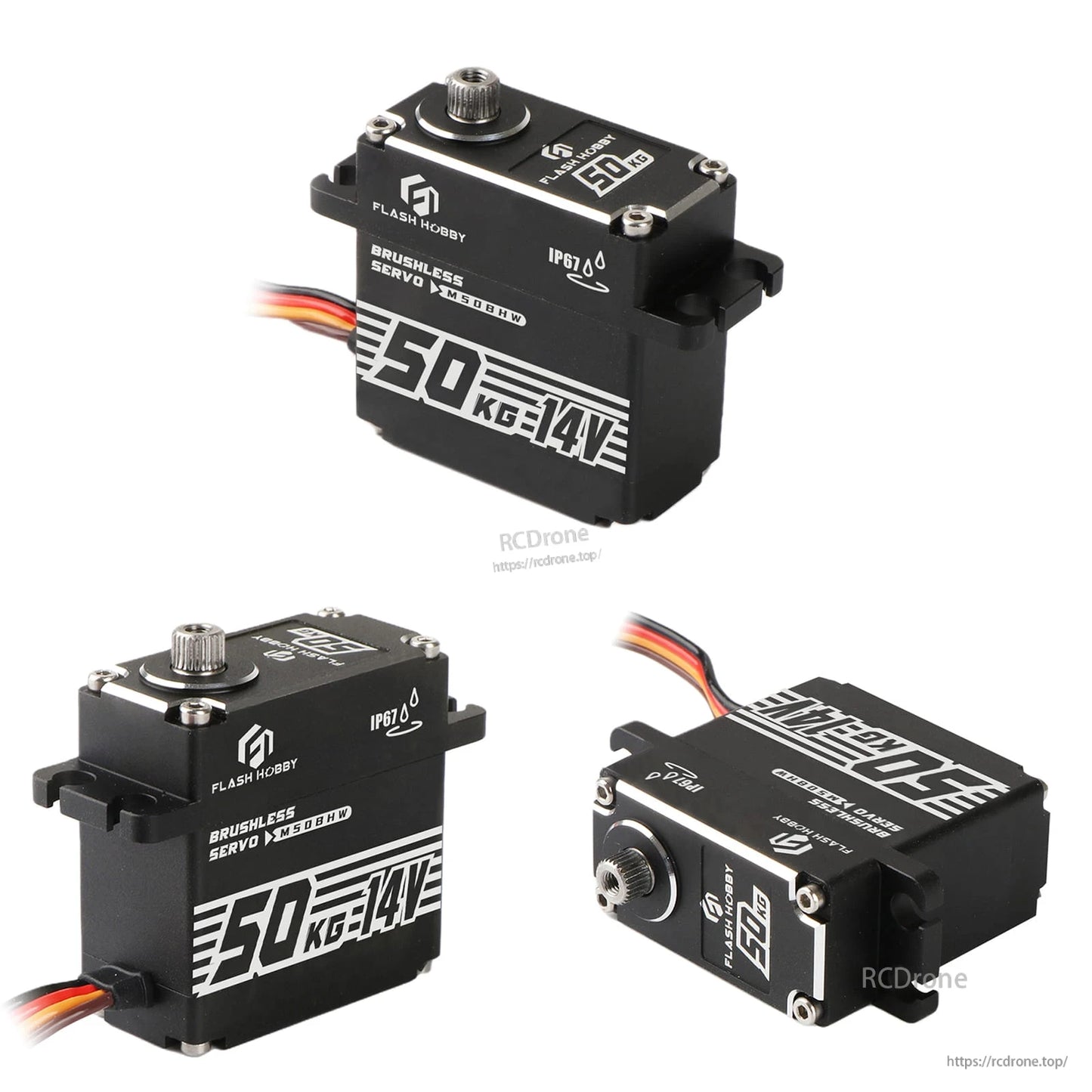 Flashhoby M50BHW brushless servo with black metal case, IP67 marking, and 50KG 14V label