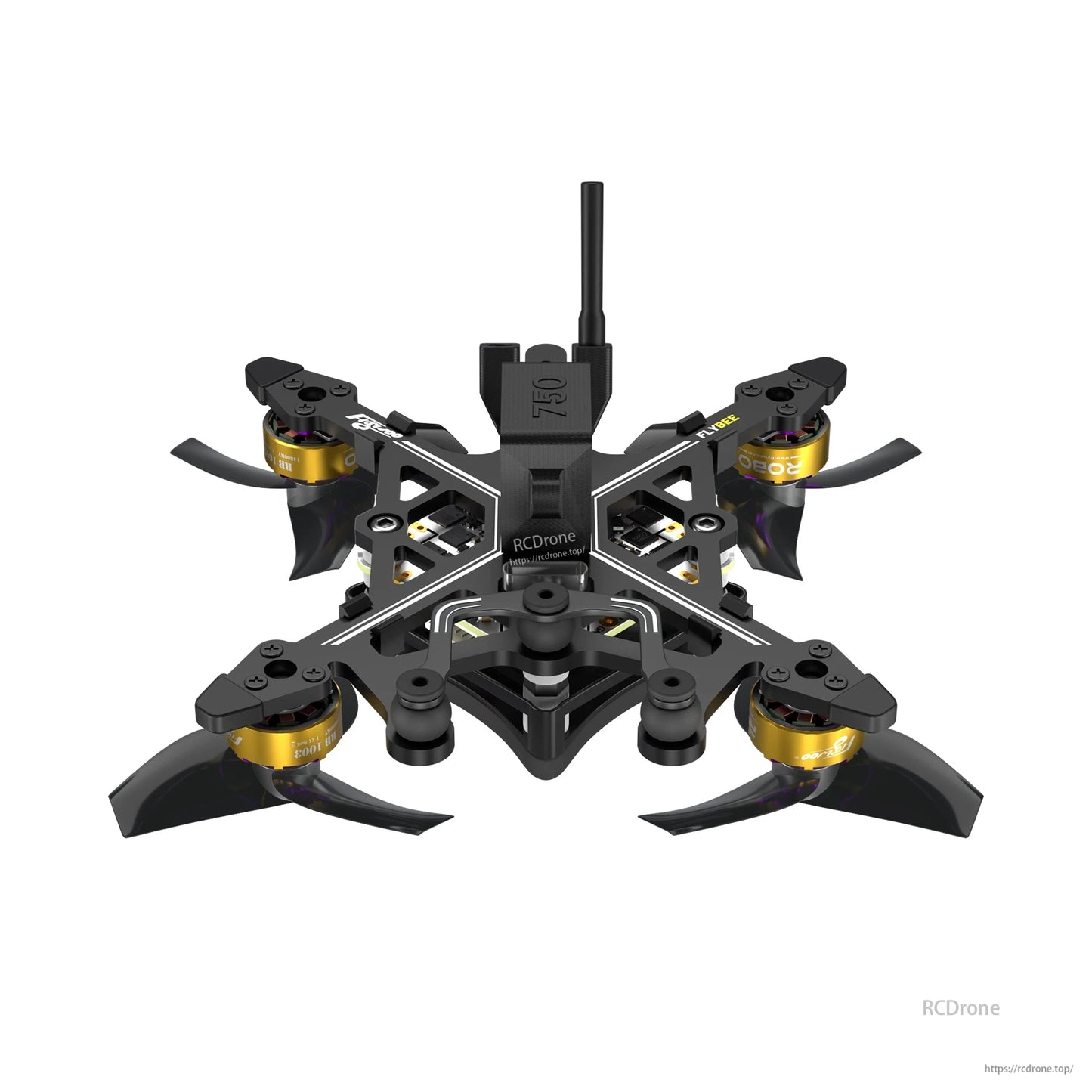Flybee 16 HD O4 2S Ultralight FPV, Flybee 16 ultralight 2S FPV quadcopter with 1.6-inch tri-blade props, gold brushless motors, carbon frame, and vertical antenna