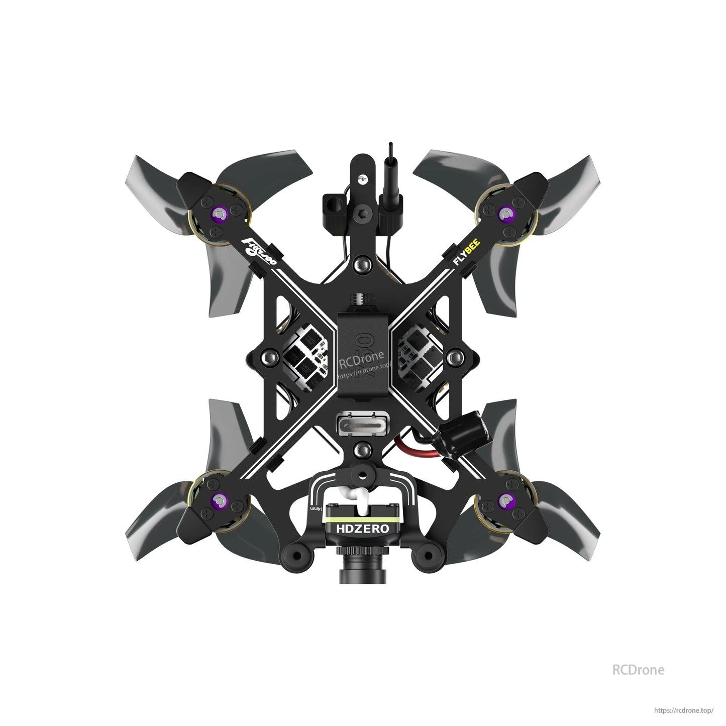 Flybee 16 HDZero 2S Ultralight FPV, Top view of Flybee 16 ultralight FPV quadcopter with four props and HDZero camera on the front mount