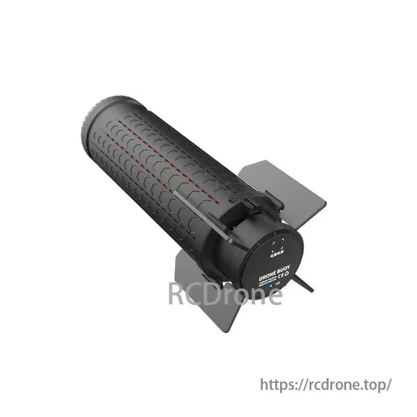 Flyfire Drone Active Rescue Buoy, A black cylindrical device with a textured grip and a flat attachment, called "DRONE BUDDY."