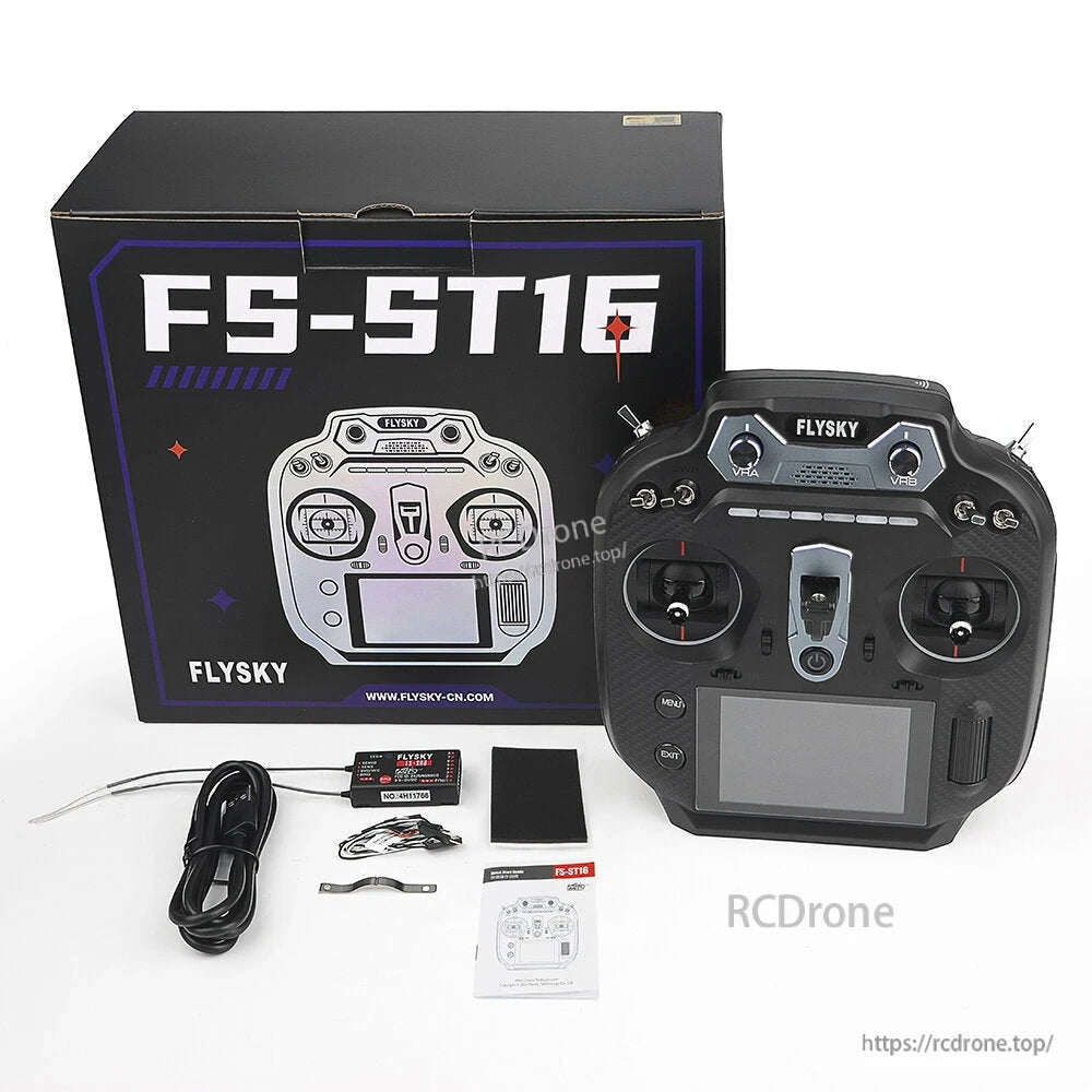 Flysky FS-ST16 retail box and full kit contents: transmitter, receiver, USB cable, straps, manuals