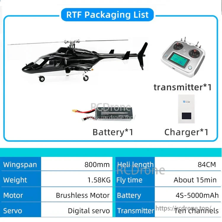 Flywing Airwolf V3 RC Helicopter, RTF package: helicopter, transmitter, battery, charger. Specs: 800mm wingspan, 84cm length, 1.58kg, brushless motor, digital servo, 10-channel transmitter, 45-5000mAh battery, 15min flight time.