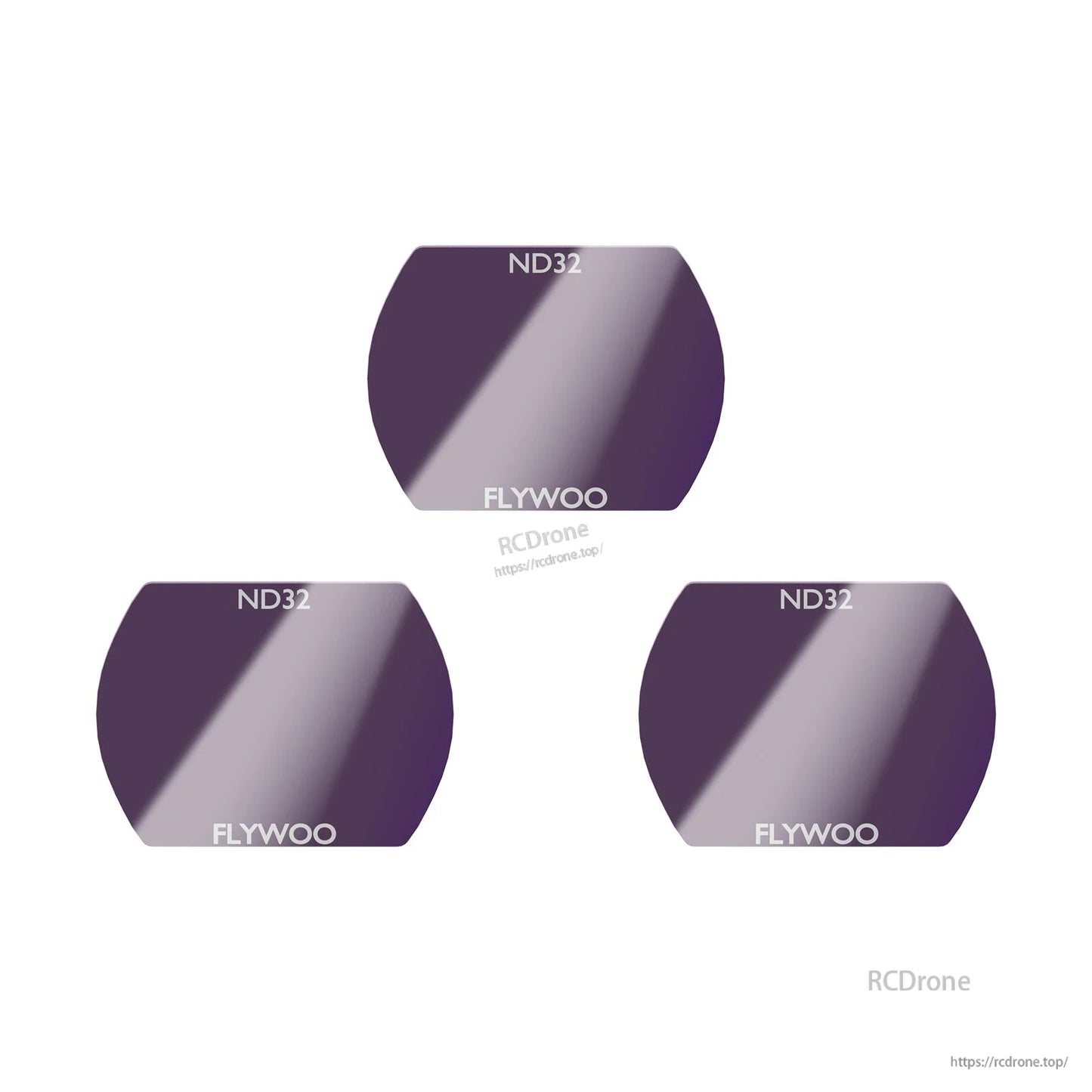Flywoo 0.3g ND Filter, Flywoo ND32 neutral density filter set in purple tint, compact lens filters labeled “ND32” and “FLYWOO”.