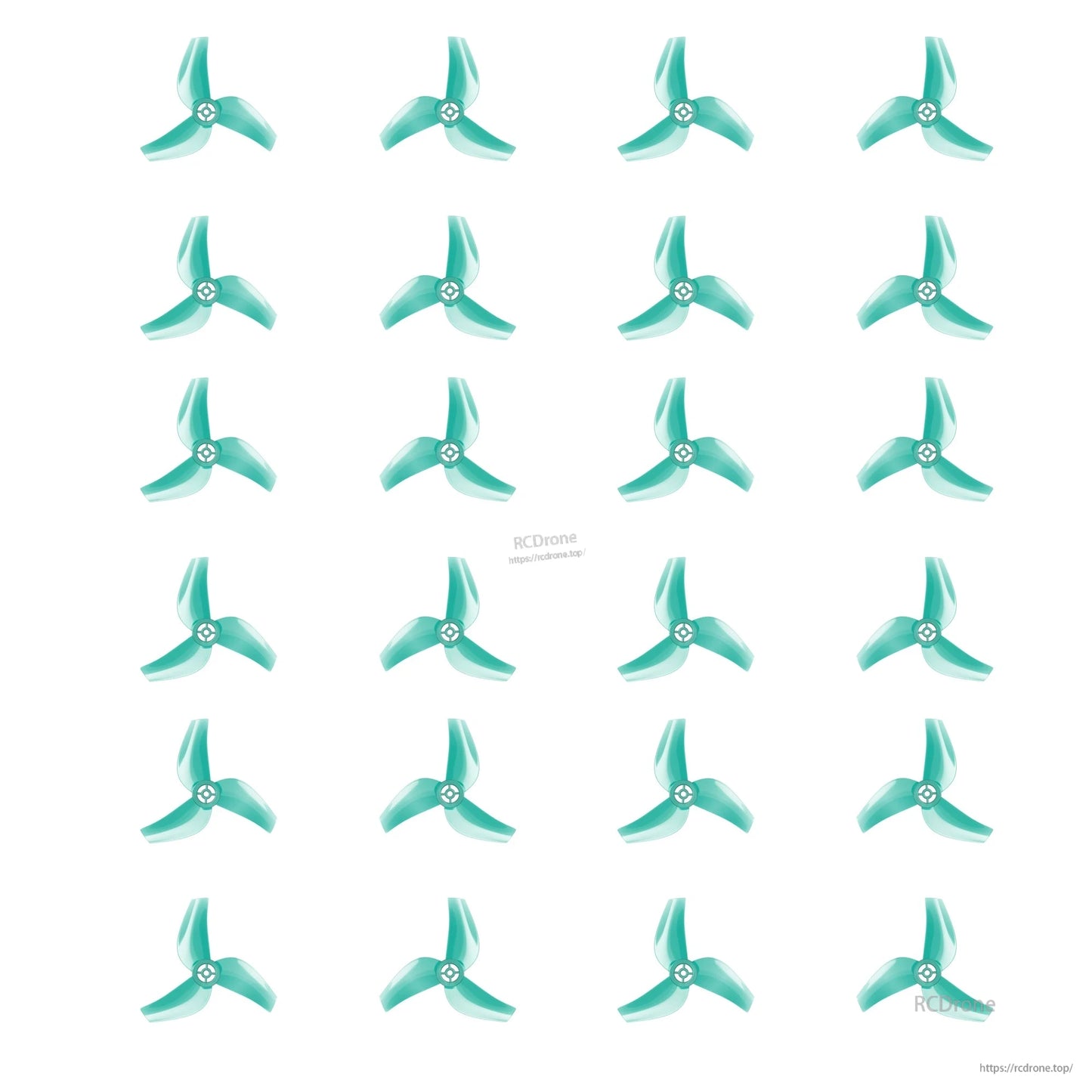 Flywoo 1611 3-Blade Propeller, Flywoo 1611 teal 3-blade drone propellers with tri-blade design and center hub, arranged on white