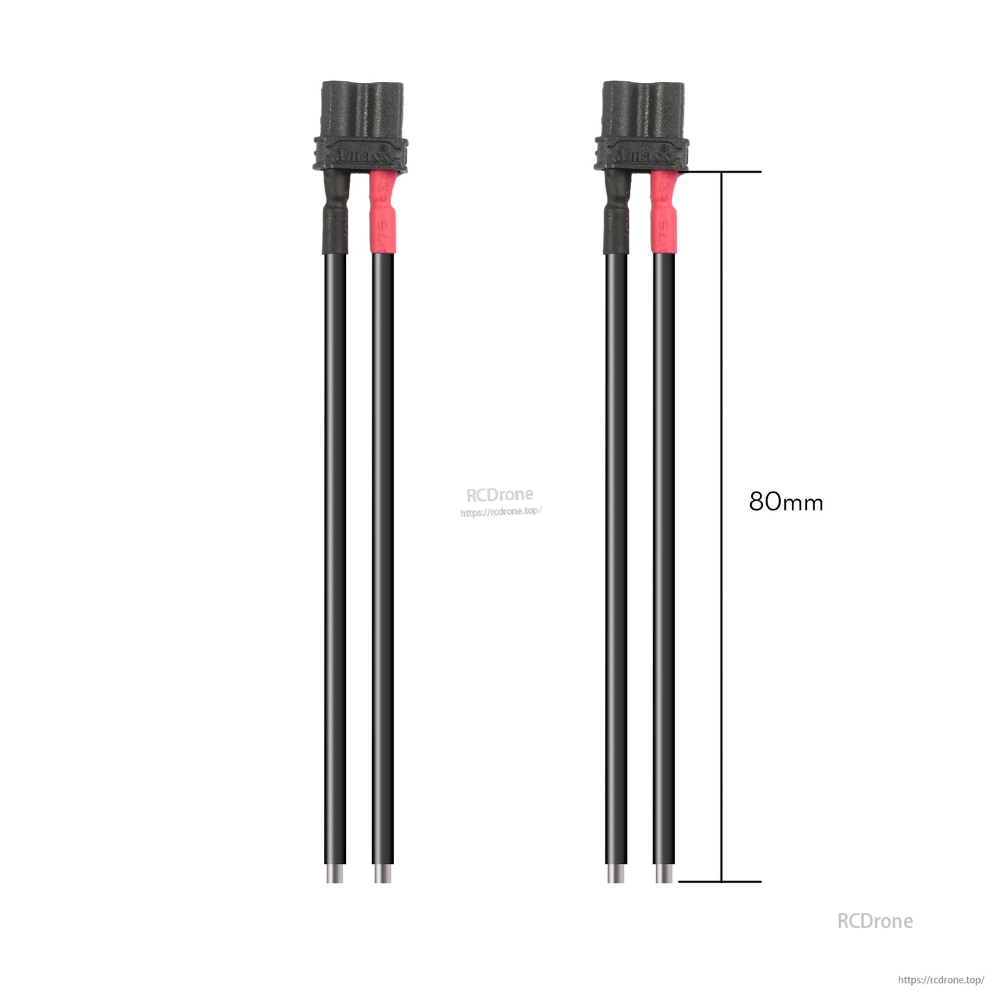 Pair of Flywoo XT30U connector pigtails with red/black leads, 80mm wire length
