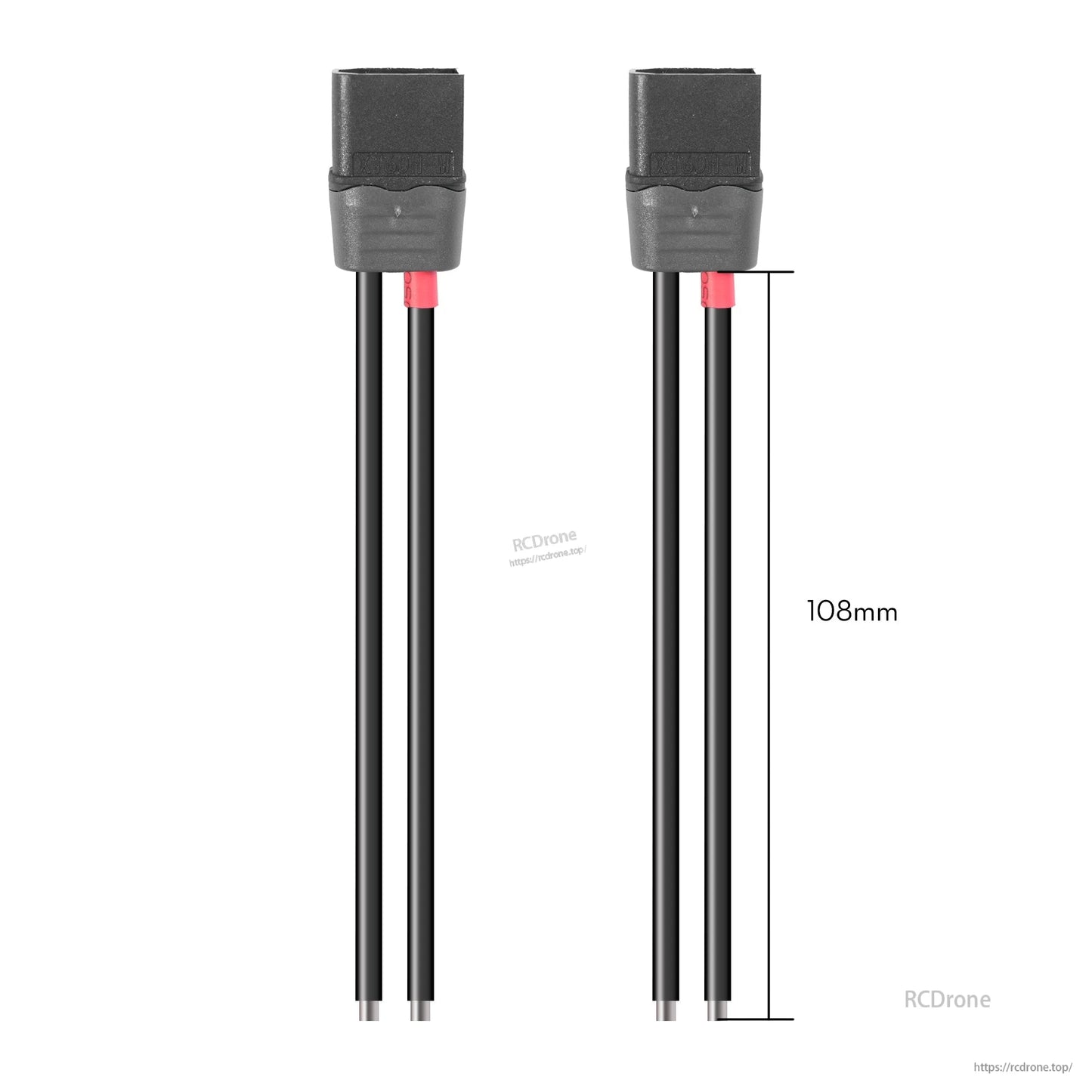 Pair of black XT60H power connector pigtail leads with red heat shrink and approx. 108mm wire length