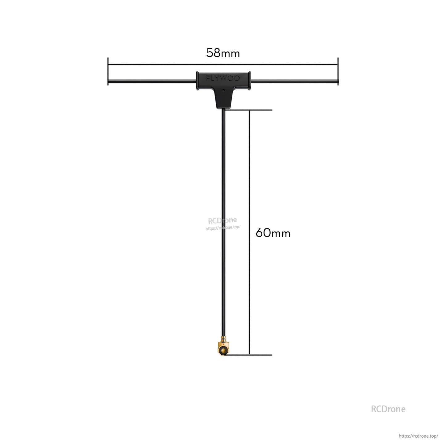 Flywoo ELRS 2.4GHz Minimortal PCB T antenna with 58mm crossbar, 60mm coax lead, and u.FL connector