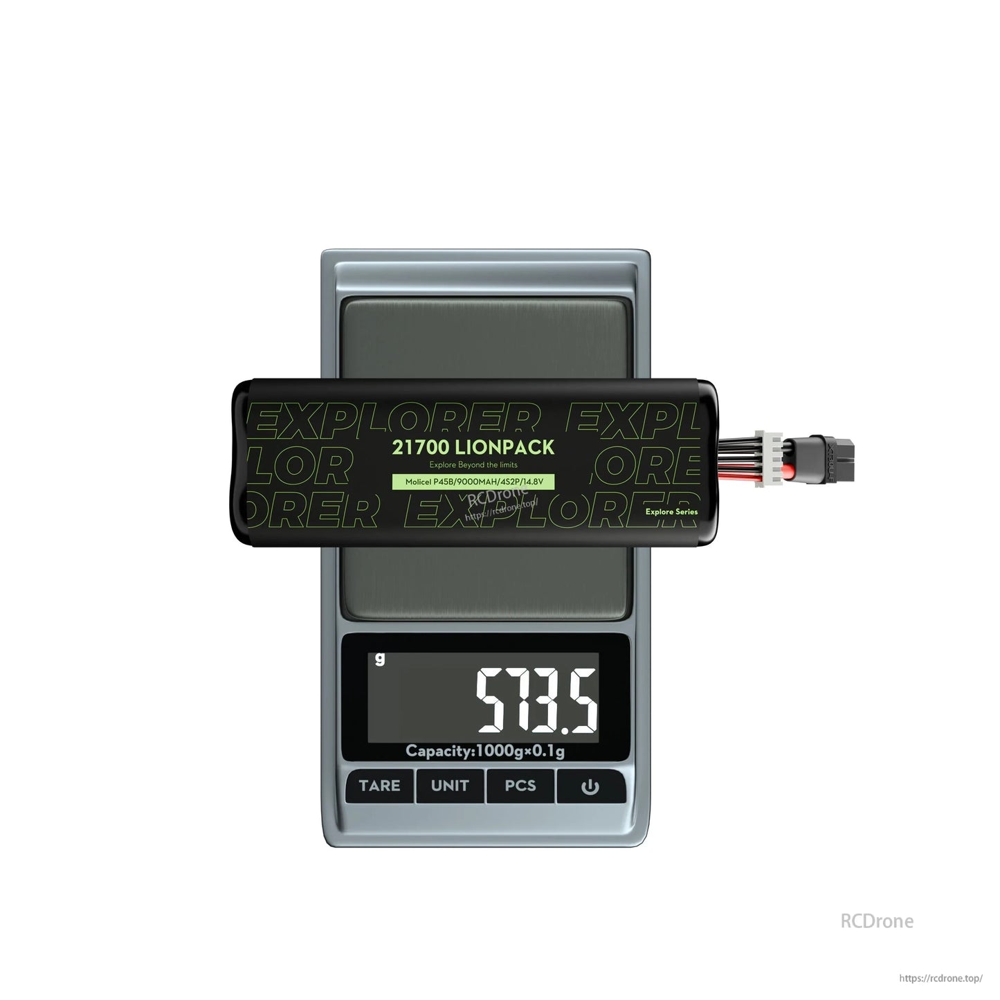 Flywoo Explorer 21700 Li-ion 4S2P 9000mAh battery pack with XT60 and balance lead on scale reading 573.5g
