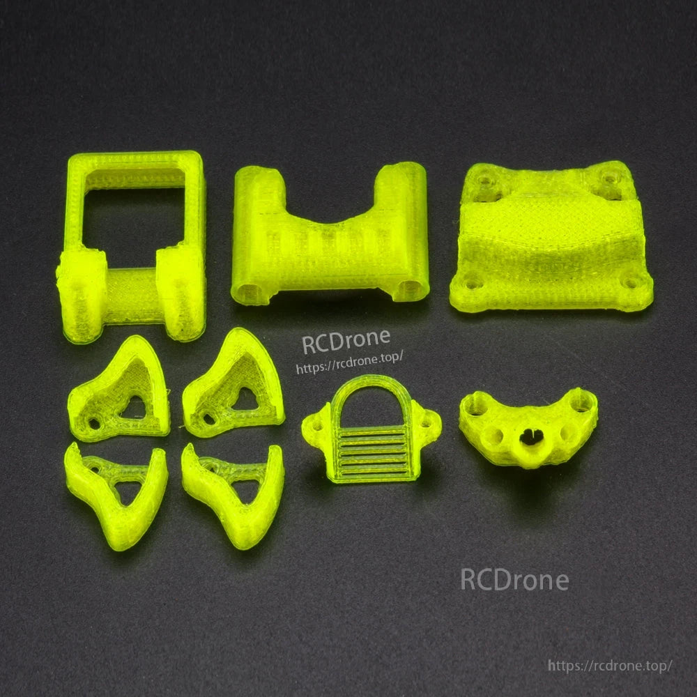 Flywoo Explorer LR TPU Set (TPU Set), Neon green Flywoo Explorer LR TPU set with multiple 3D-printed mounts and protective frame parts