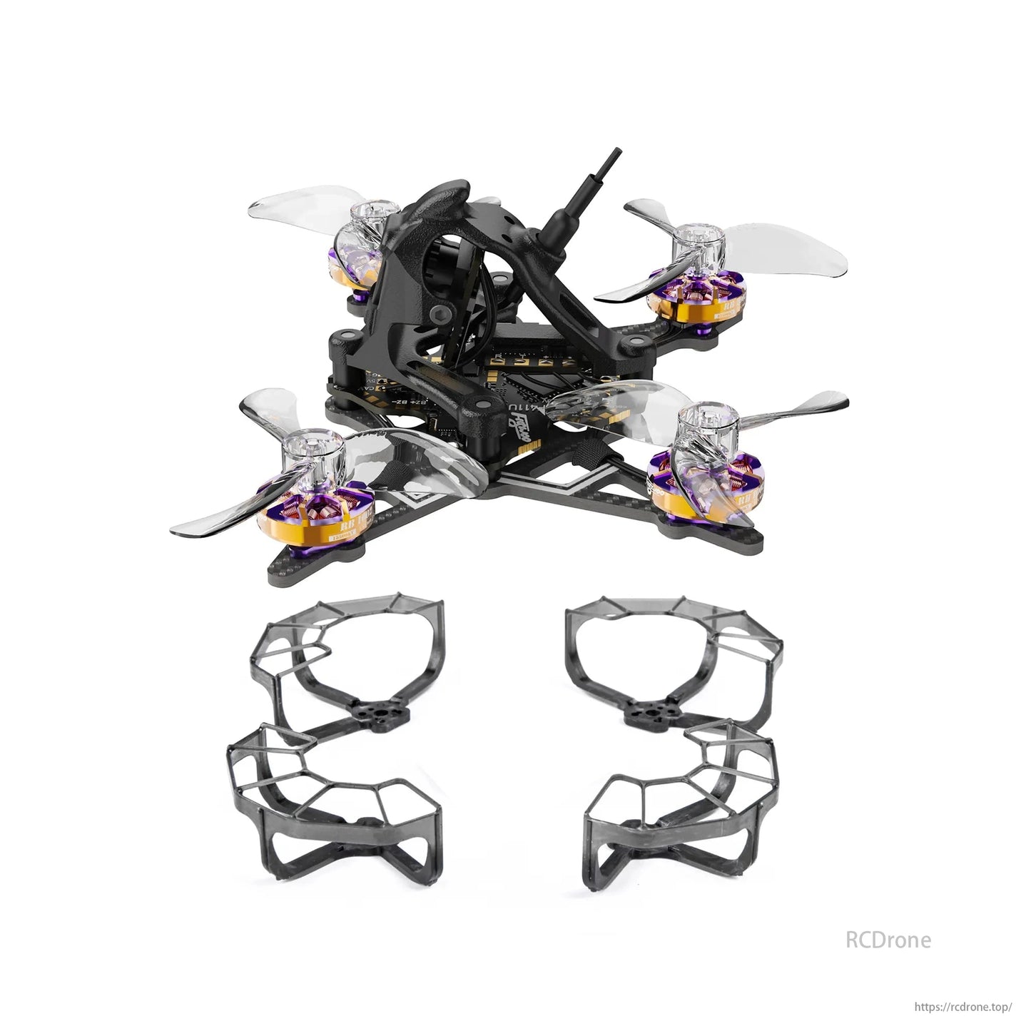 Flywoo Firefly 1S DC16 Nano Baby FPV Drone BNF features four propellers, landing gear, and a 1.6-inch camera for analog V2.0 transmission.