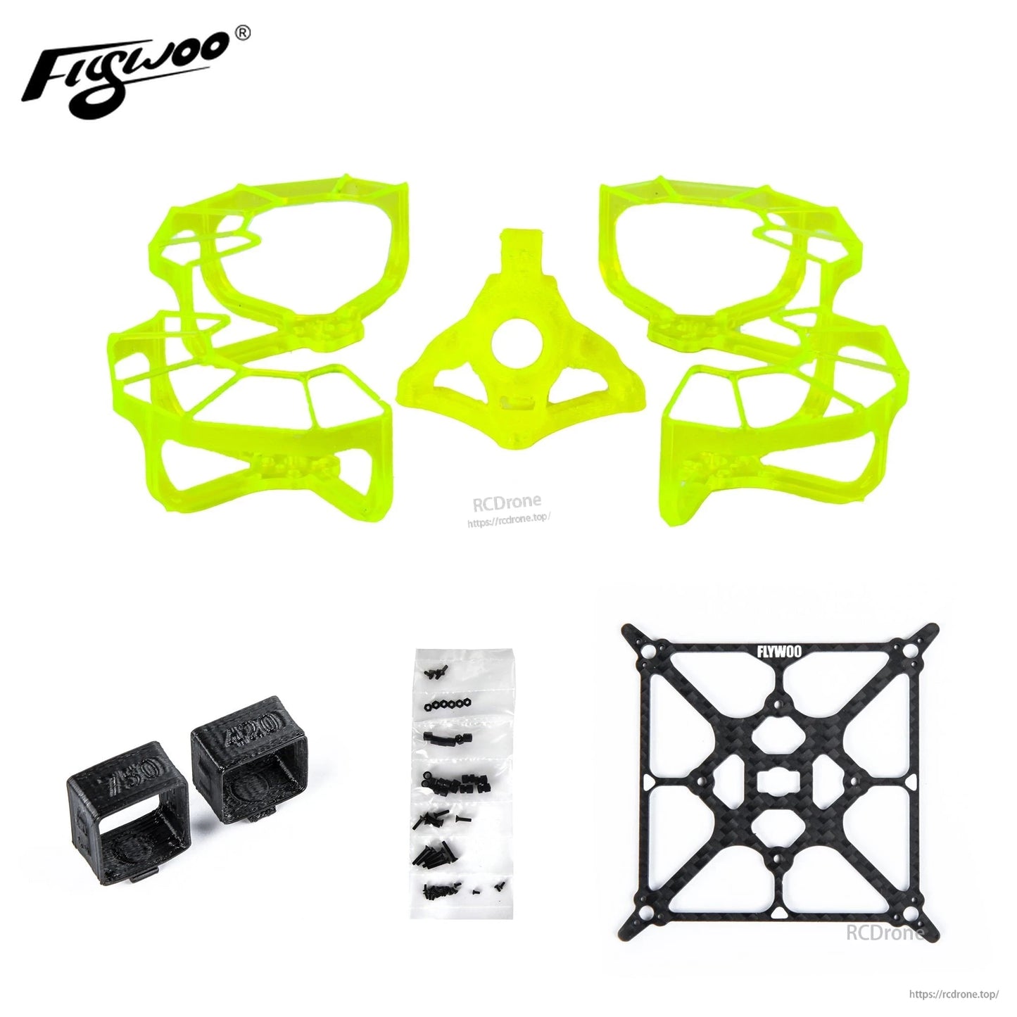 Flywoo Firefly Nano Baby 20 Vista frame kit with neon green TPU guards, carbon fiber plate, and hardware