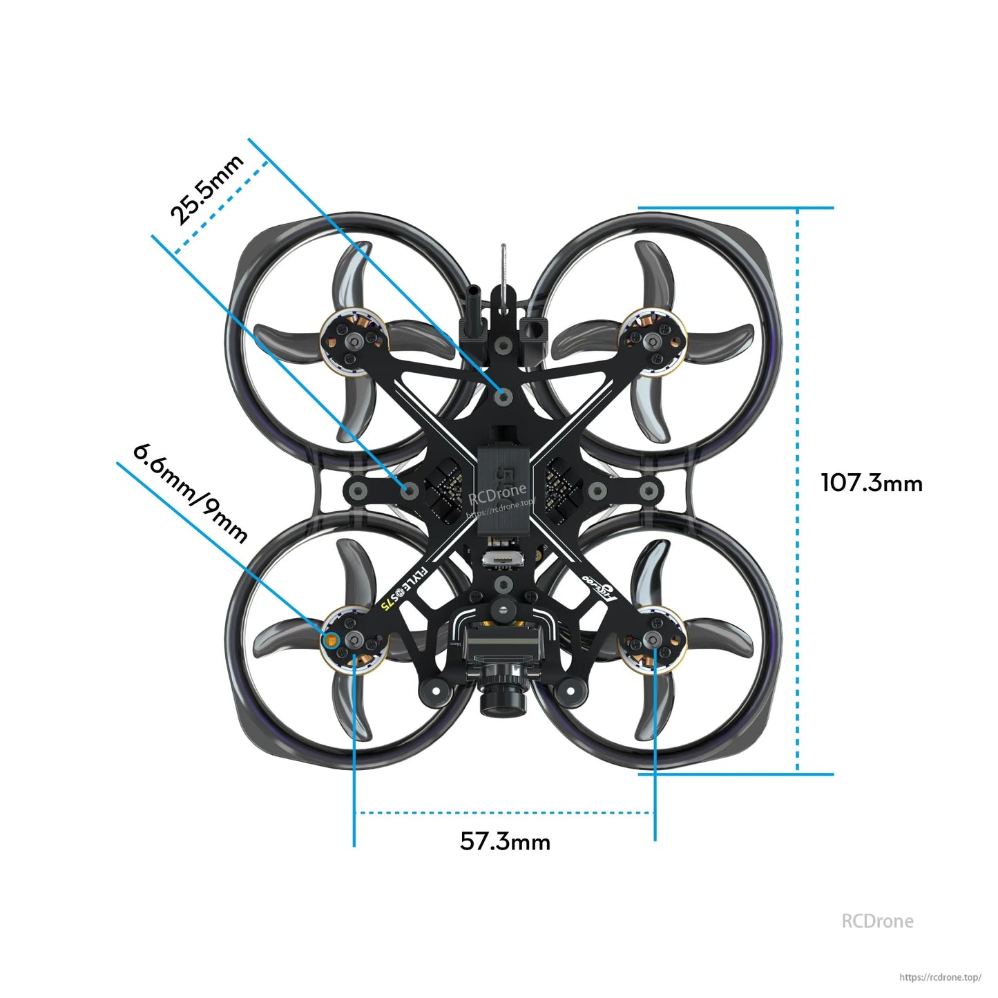 Top-down view of Flywoo FlyLens 75 HD ducted whoop FPV drone with labeled 107.3mm x 57.3mm dimensions