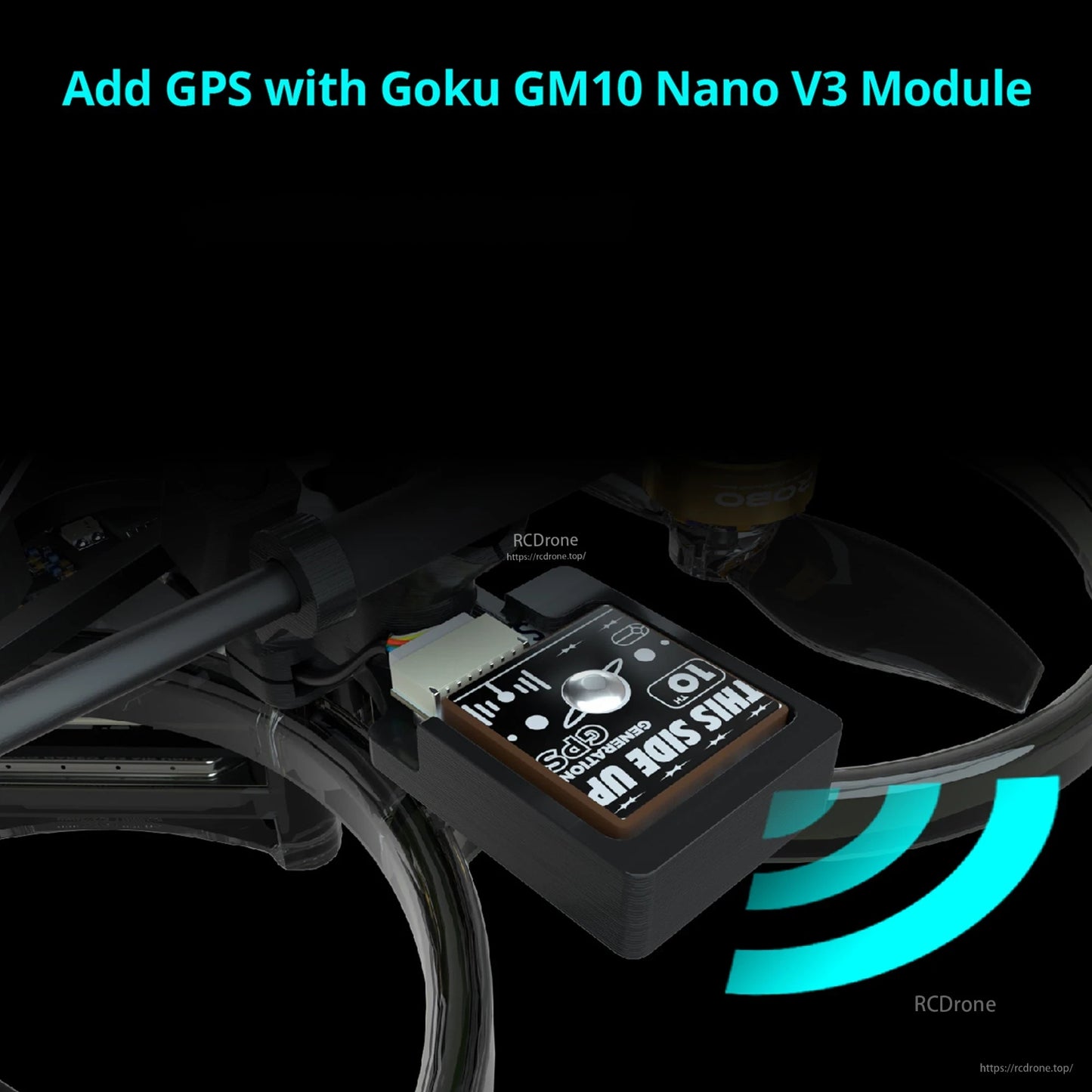 Goku GM10 Nano V3 GPS module installed on Flywoo FlyLens 85 HD whoop frame with plug connector and “THIS SIDE UP” label