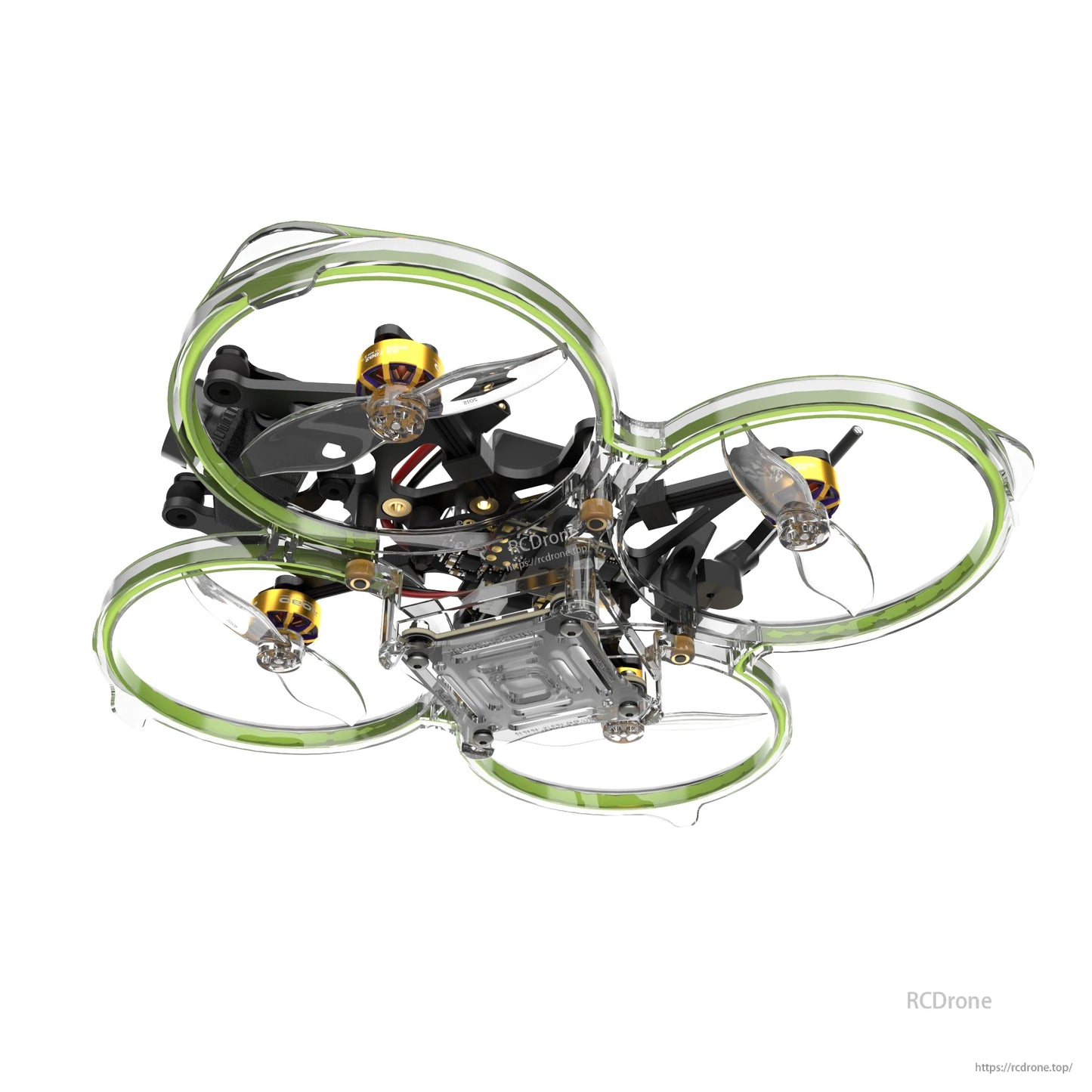 Flywoo FlyLens 85 HD brushless whoop FPV drone with clear green prop guards, four motors and tri-blade props