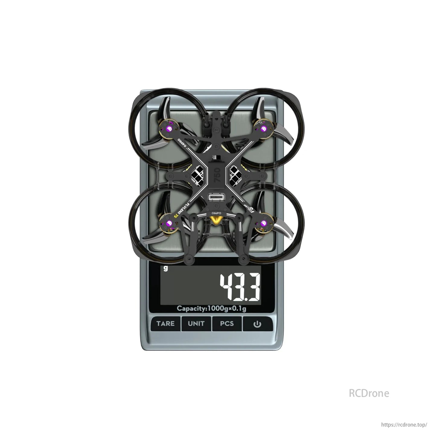 The Flywoo Flylens 75 HD O4 PRO 2S 1.6-Inch Whoop FPV Drone V1.3 weighs 43.3 grams.