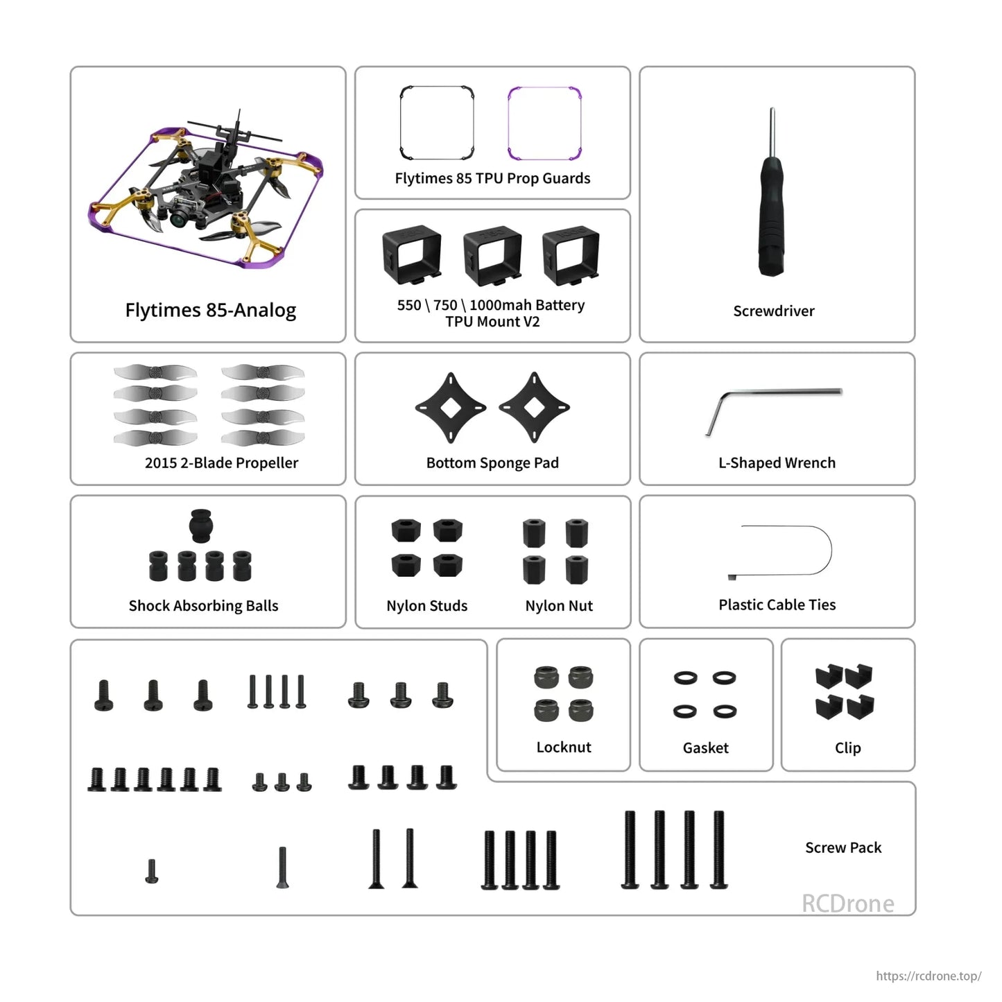 Flytimes 85 Analog drone kit includes all components for assembling and maintaining the Flywoo Flytimes 85 2S Analog 2-Inch Micro Cinewhoop FPV Drone.
