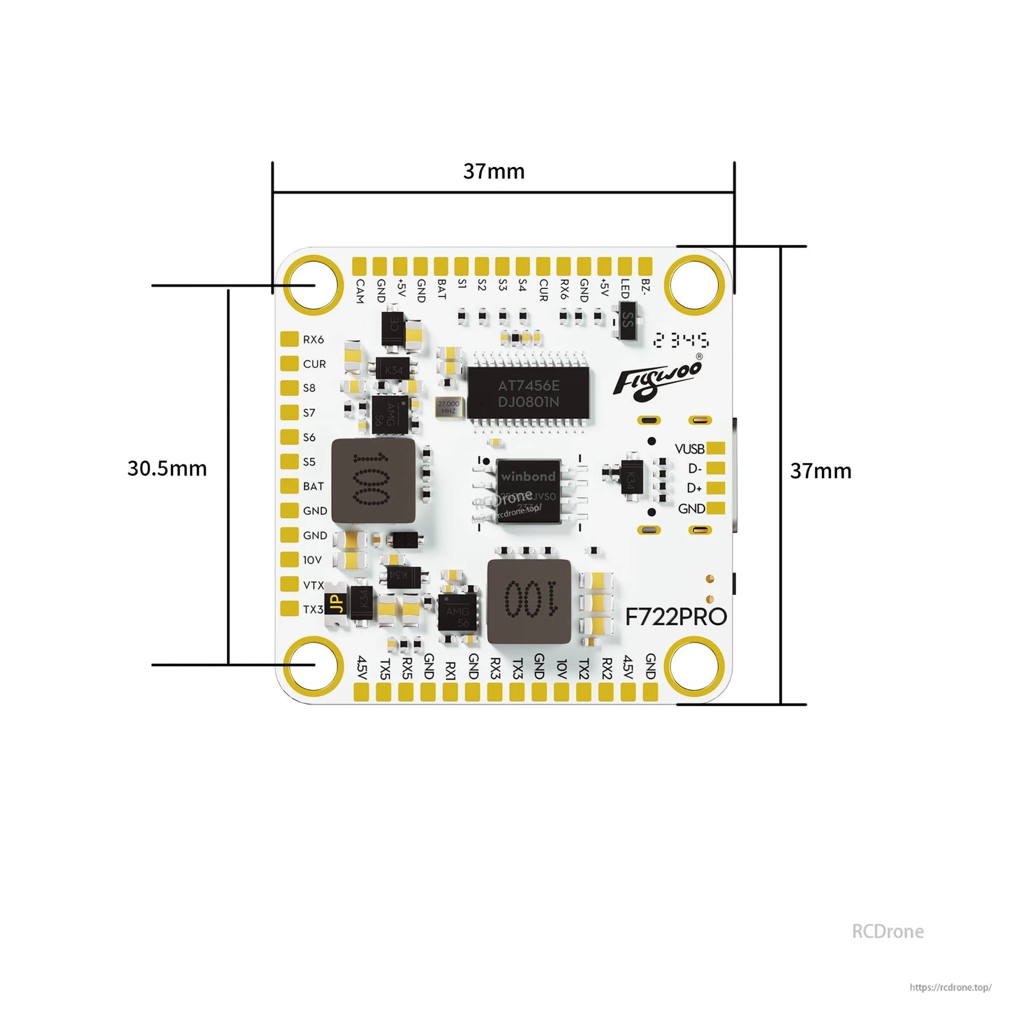 Flywoo GOKU F722 PRO V2 30x30 Flight Controller, Flywoo GOKU F722PRO V2 30x30 flight controller board with 37mm size and labeled pads like USB, 5V, and GND