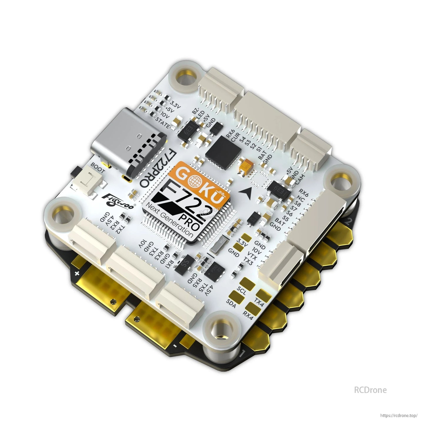Flywoo GOKU F722 Pro V2 30x30 flight controller stack with 4in1 ESC, USB-C port and plug connectors